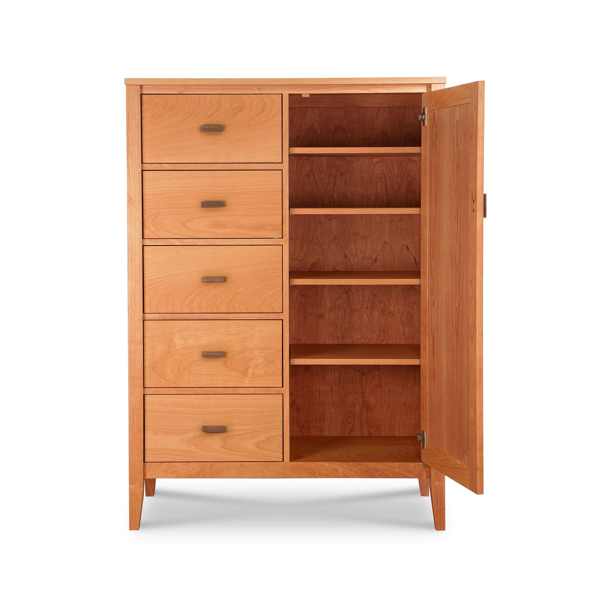 Andover Modern Sweater Chest by Maple Corner Woodworks with five drawers and a door concealing three shelves, crafted in solid wood for bedroom storage.