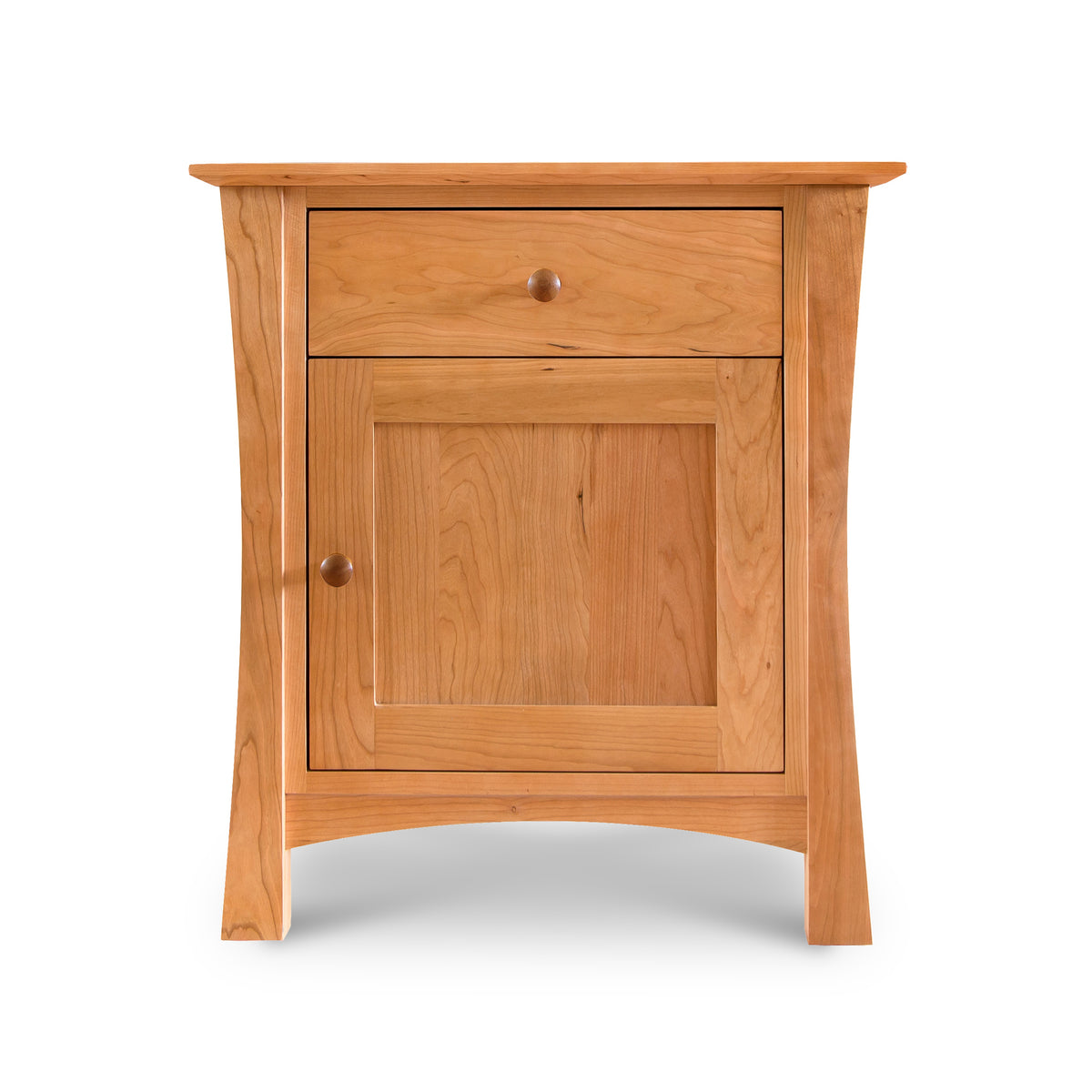 Andrews 1-Drawer Nightstand by Lyndon Furniture, crafted in natural wood with curved legs, spacious drawer and cabinet storage.