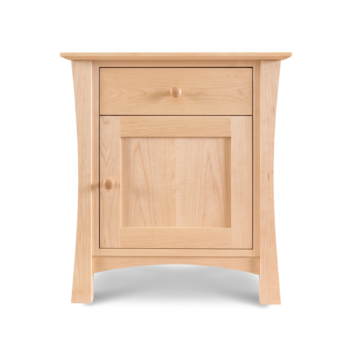 Andrews 1-Drawer Nightstand by Lyndon Furniture in light wood with round knobs and flared legs, handcrafted in Vermont.