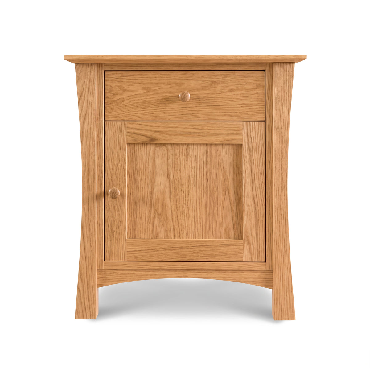 Lyndon Furniture Andrews 1-Drawer Nightstand with a top drawer, lower cabinet door, and round wooden knobs in solid American hardwood.