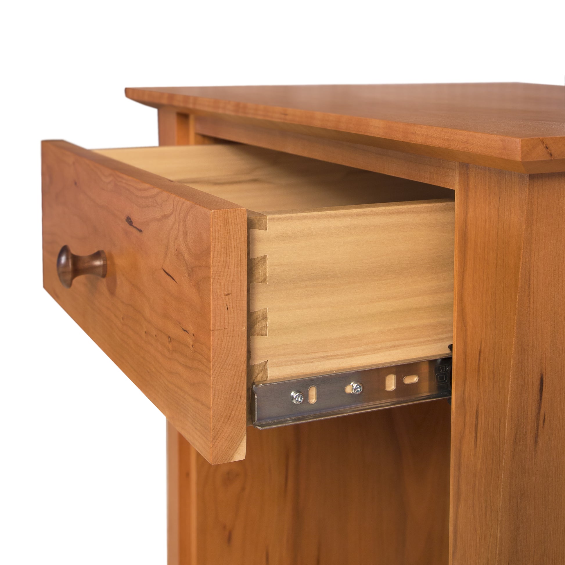 A Lyndon Furniture handmade nightstand crafted from natural hardwoods, featuring storage space with the Andrews 1-Drawer Enclosed Shelf.