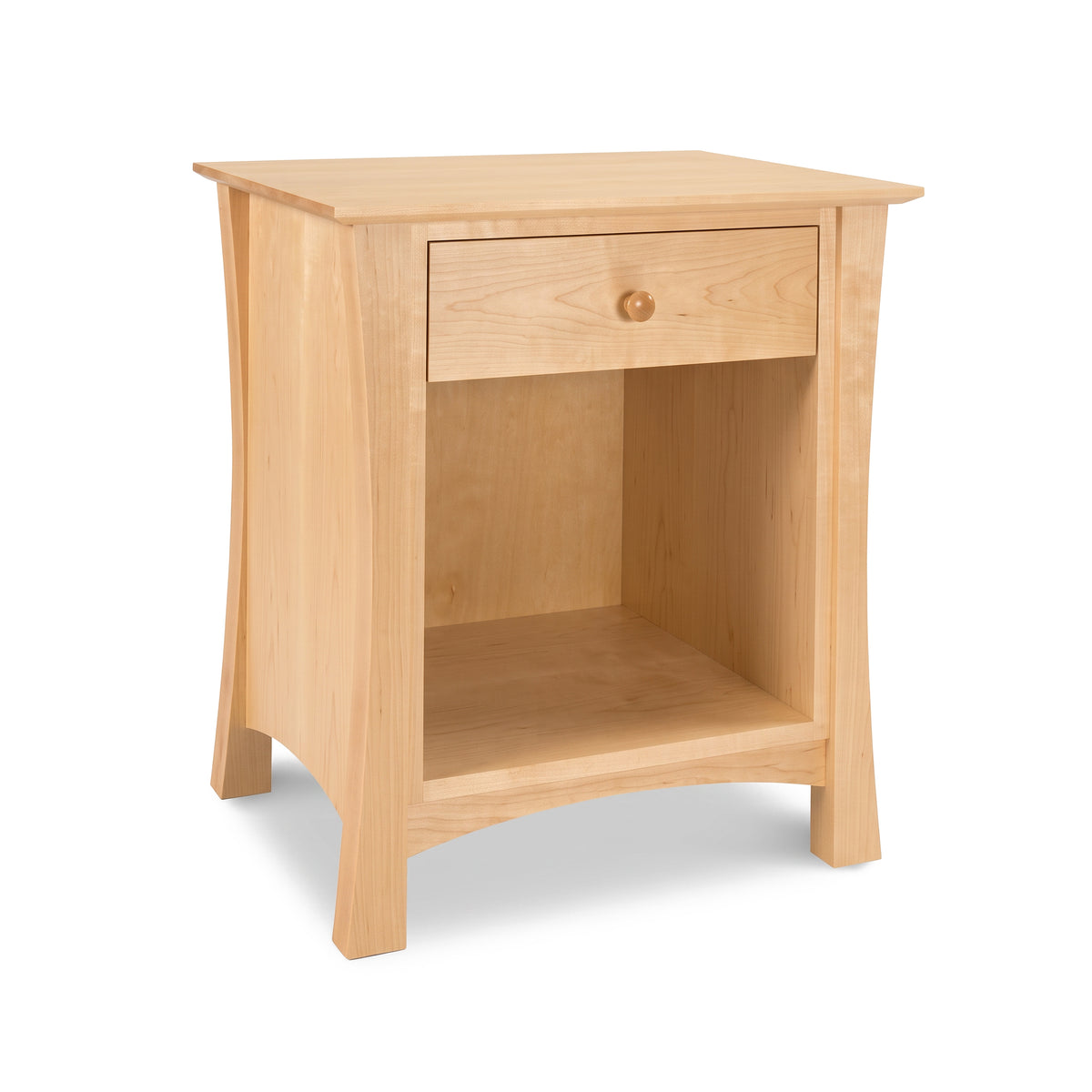 Andrews Nightstand by Lyndon Furniture in light wood with a drawer and enclosed shelf, crafted in Vermont for functional bedroom storage.