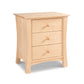 Lyndon Furniture Andrews 3-Drawer Nightstand in light wood, featuring round knobs and elegant curved legs, expertly crafted in America.