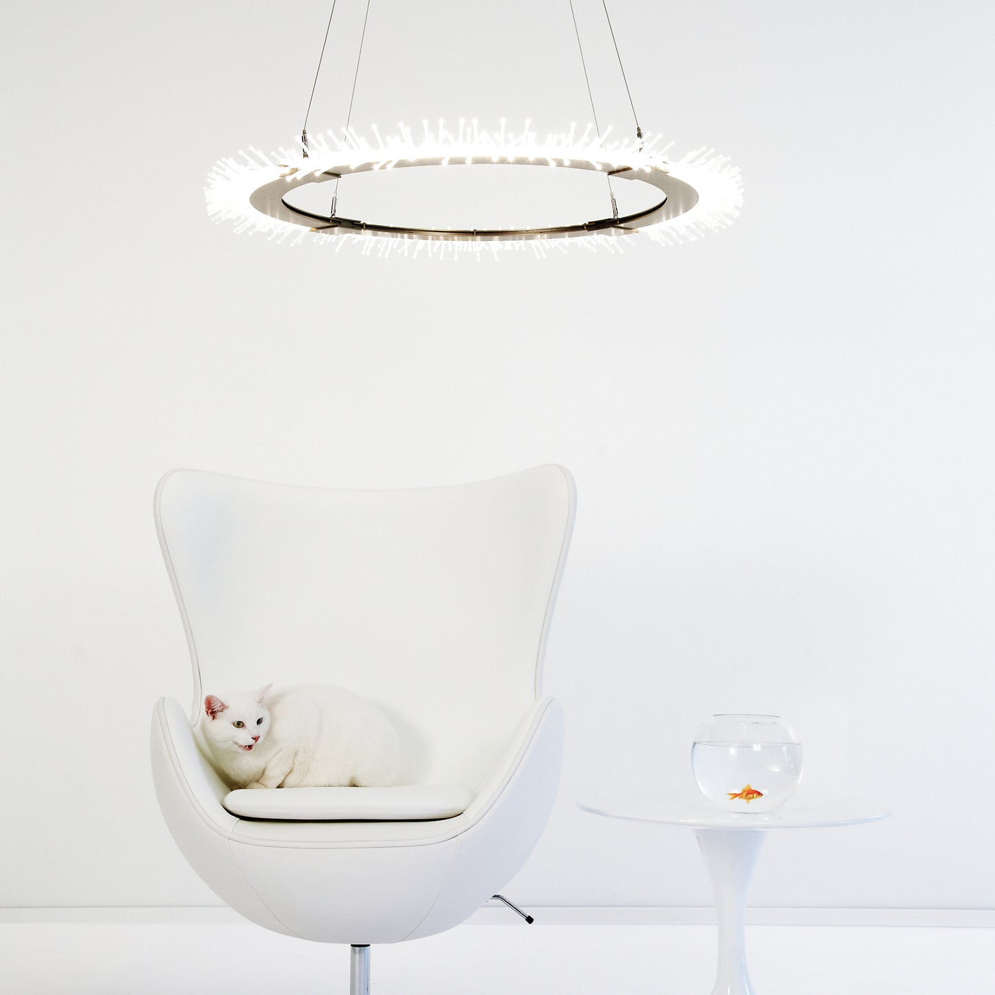 Modern chair highlighted by a Hubbardton Forge Anemone Circular LED Pendant.