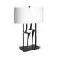 Antasia #1 Table Lamp by Hubbardton Forge with a sculptural dark metal base and rectangular white shade, showcasing elegant American craftsmanship.
