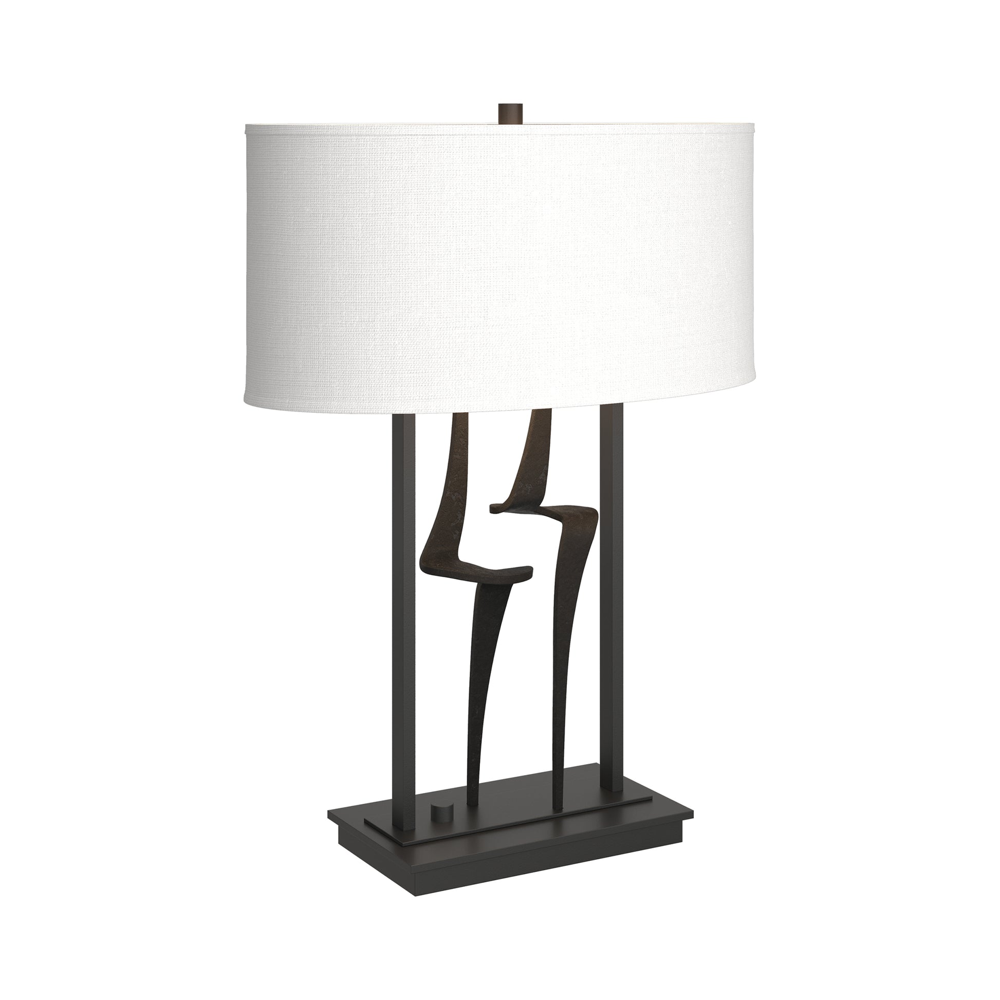 Antasia #1 Table Lamp by Hubbardton Forge with a sculptural dark metal base and rectangular white shade, showcasing elegant American craftsmanship.