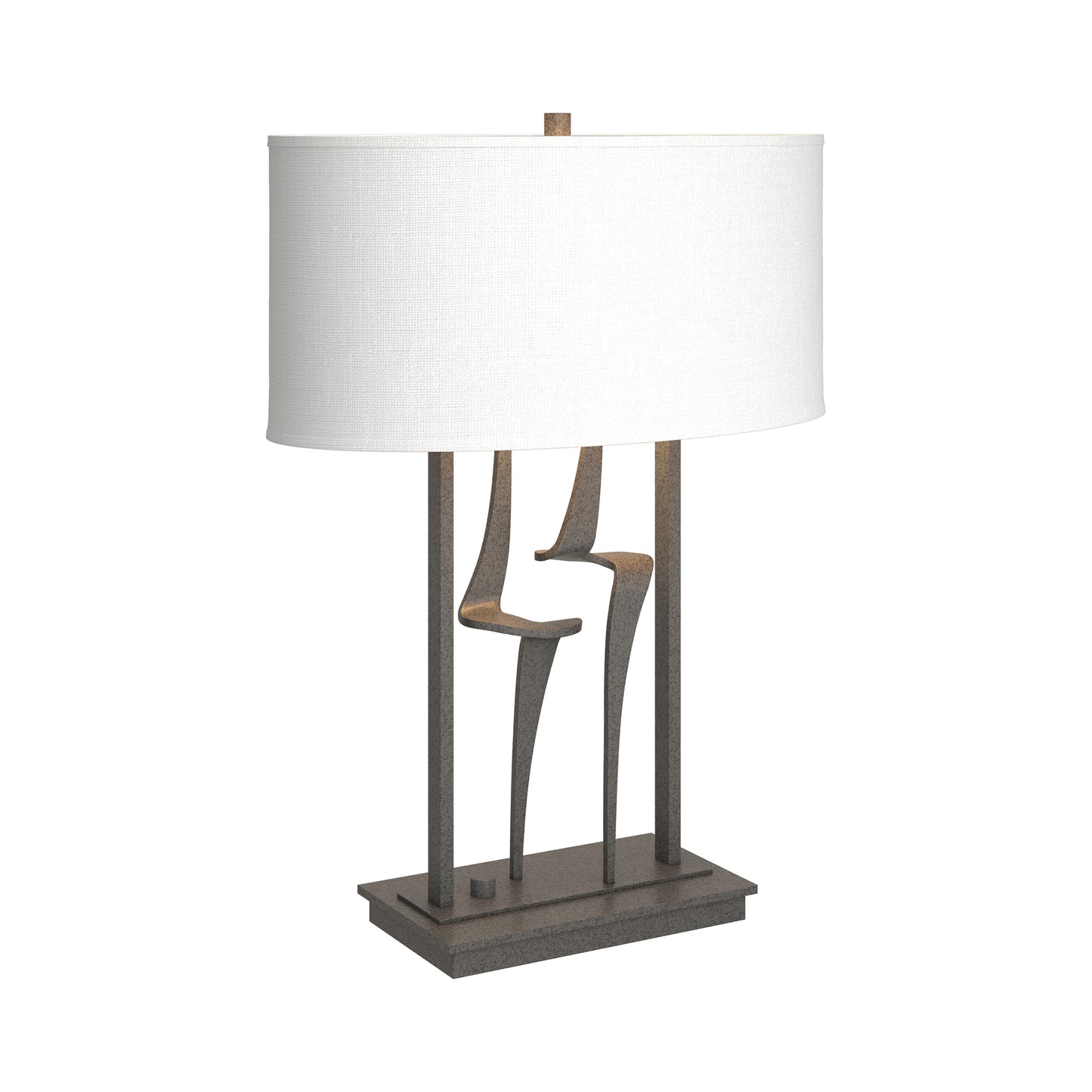 Antasia #1 Table Lamp by Hubbardton Forge featuring a sculptural metal base and white shade, showcasing a handcrafted modern design.