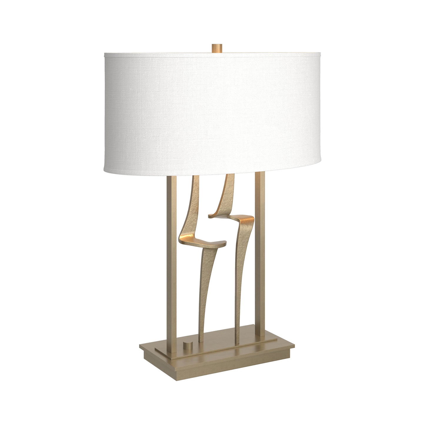 Antasia #1 Table Lamp by Hubbardton Forge with a handcrafted sculptural gold base and white shade, showcasing elegant American-made furniture design.