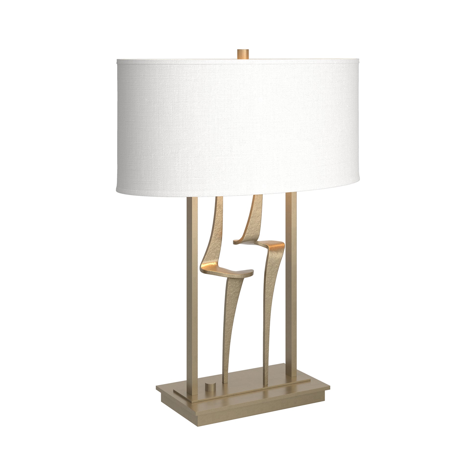 Antasia #1 Table Lamp by Hubbardton Forge with a handcrafted sculptural gold base and white shade, showcasing elegant American-made furniture design.