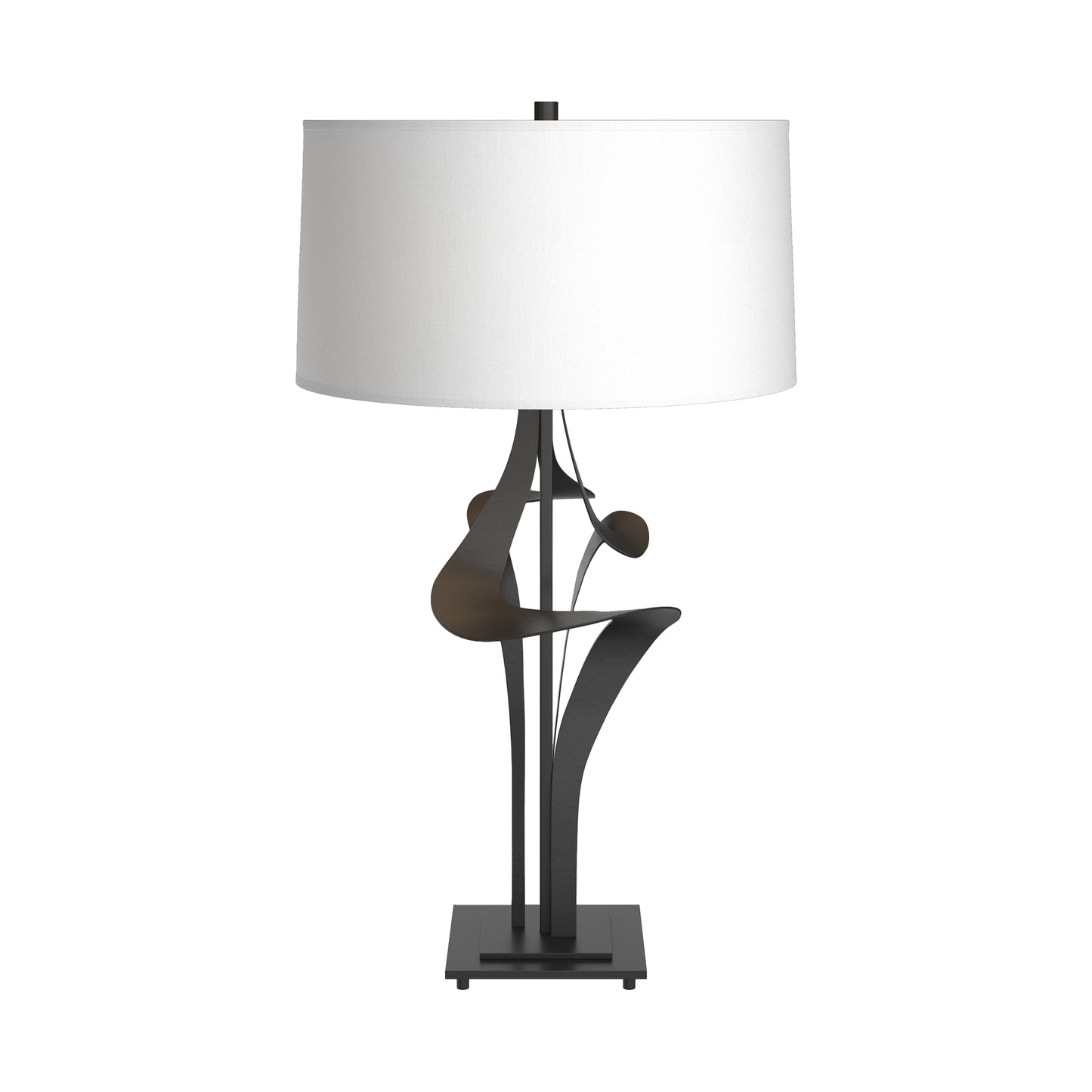 Antasia #2 Table Lamp by Hubbardton Forge with handcrafted sculptural black metal base and white drum shade, highlighting artisan American craftsmanship.