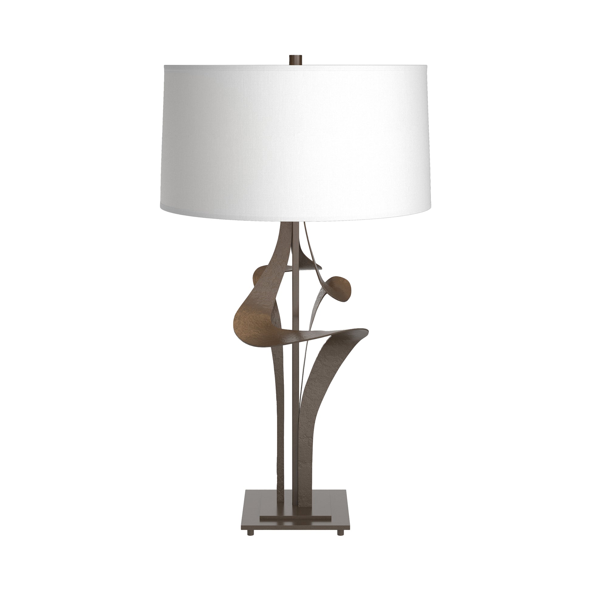 Antasia #2 Table Lamp by Hubbardton Forge with a hand-sculpted bronze base and white drum shade, showcasing elegant American craftsmanship.