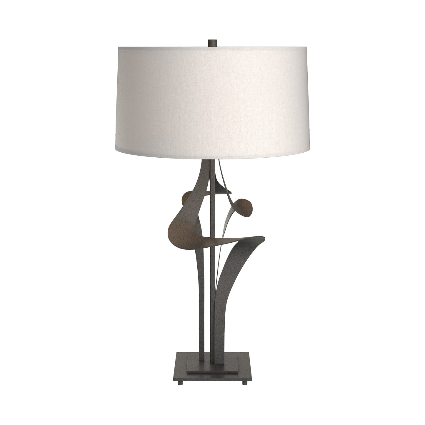 Antasia #2 Table Lamp by Hubbardton Forge with a sculptural black metal base and white drum shade, crafted in a modern, artistic design.