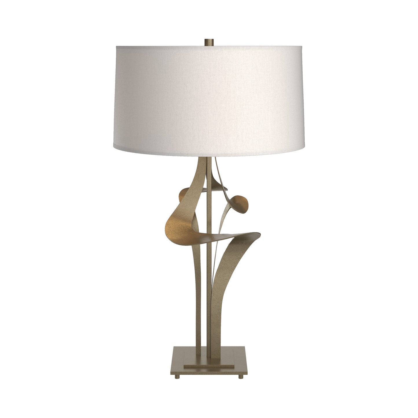 Antasia #2 Table Lamp by Hubbardton Forge with a sculptural gold base and white cylindrical shade, showcasing handcrafted American furniture design.