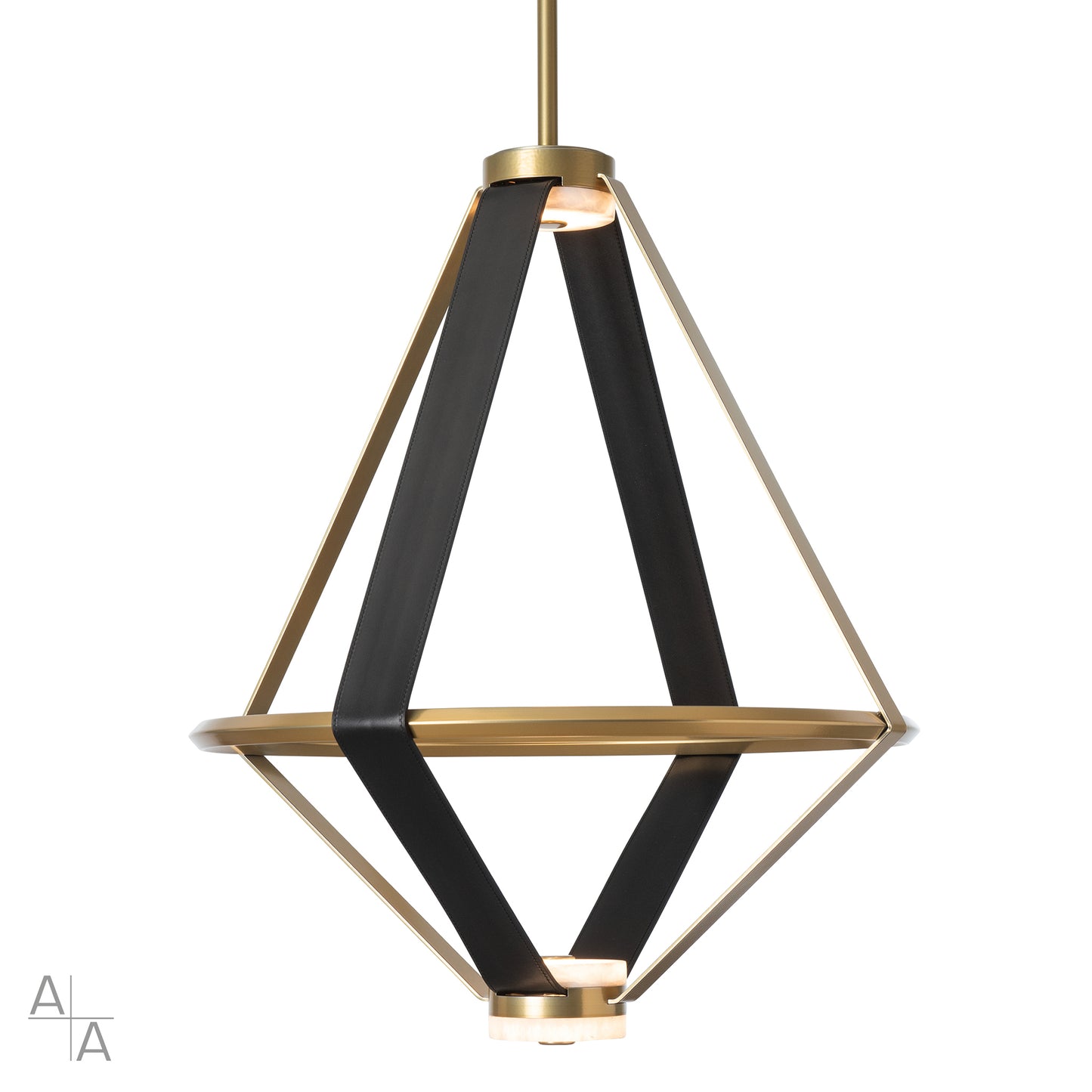 Aspen Large LED Lantern by Hubbardton Forge features a sleek geometric design with black and gold bands, highlighting quality American craftsmanship.