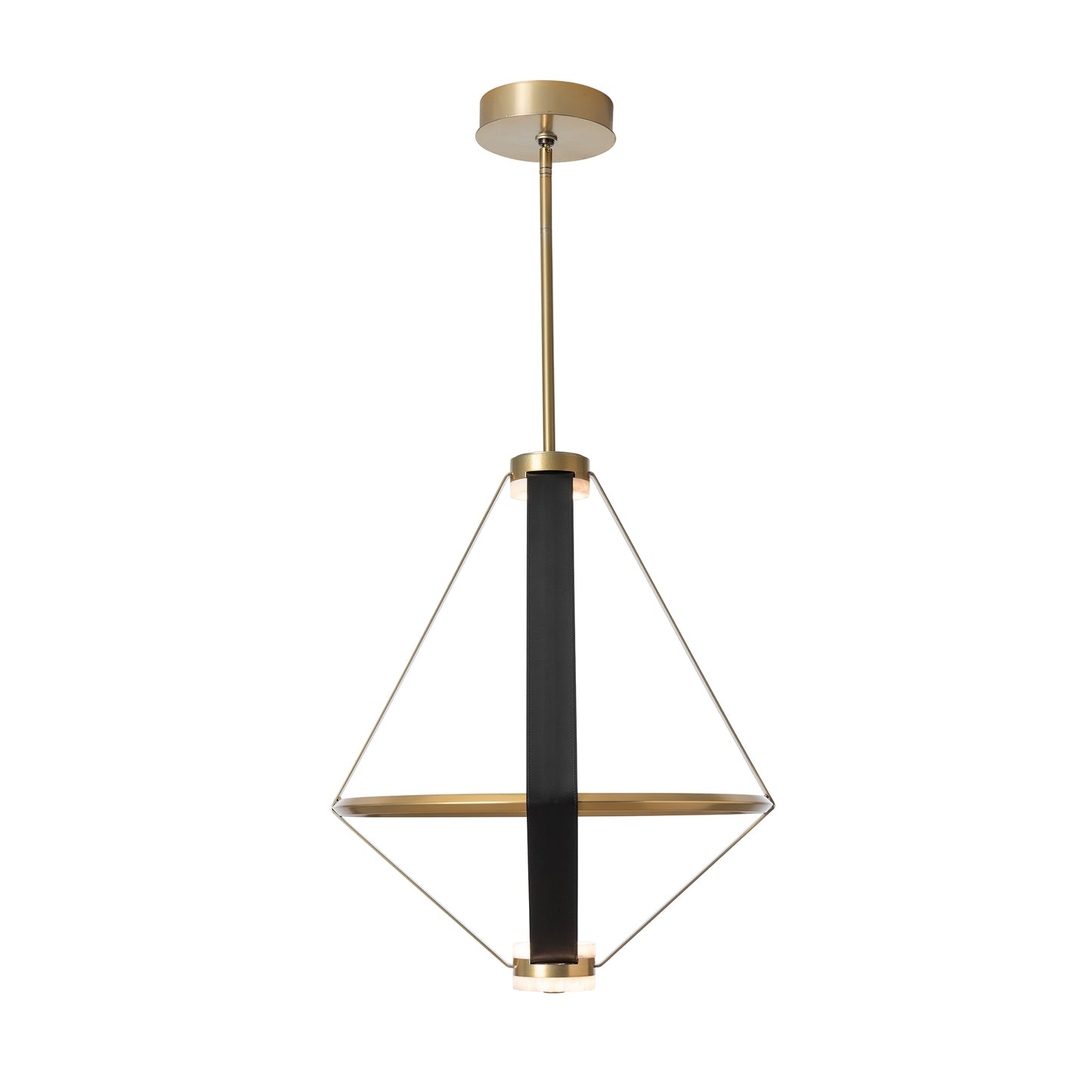 Close-up of the Aspen Large LED Lantern by Hubbardton Forge with gold mount, black accents, and a circular frame, highlighting artisan craftsmanship.