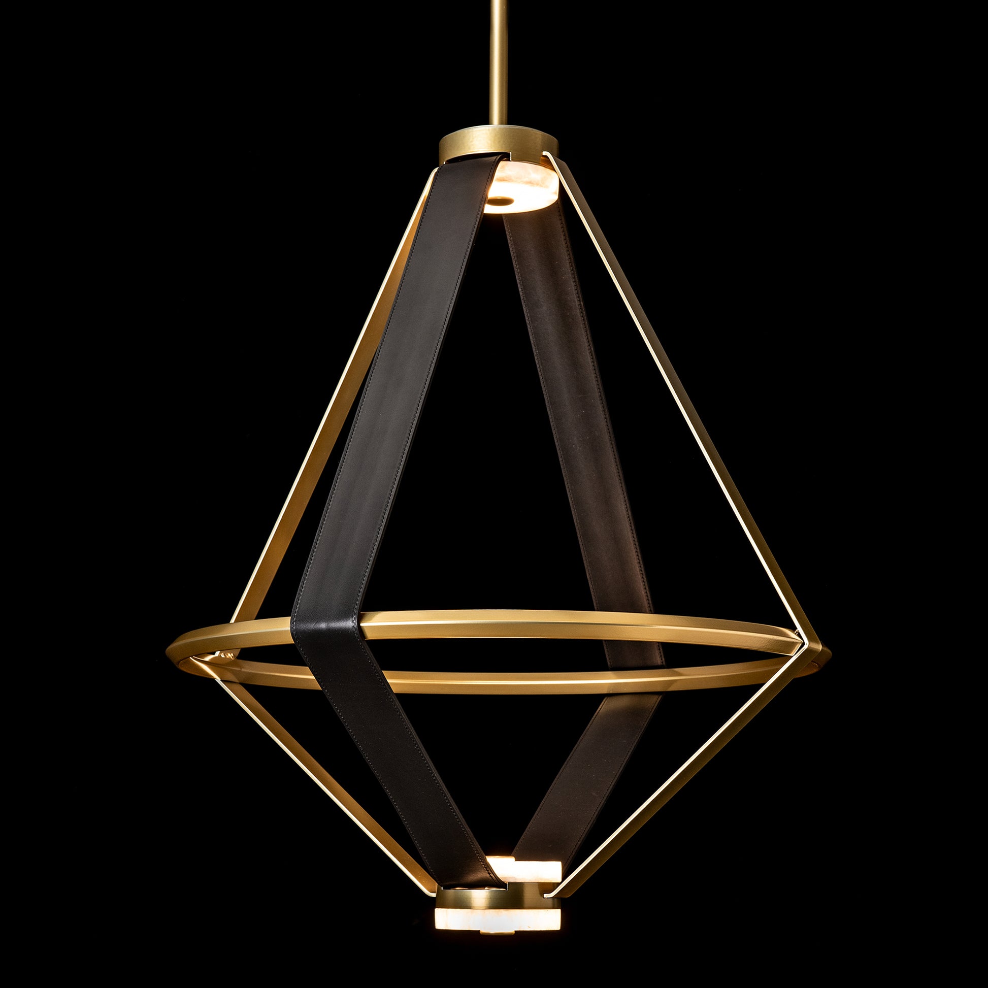 Aspen Large LED Lantern by Hubbardton Forge with a striking geometric gold and black frame, showcasing modern American craftsmanship and style.