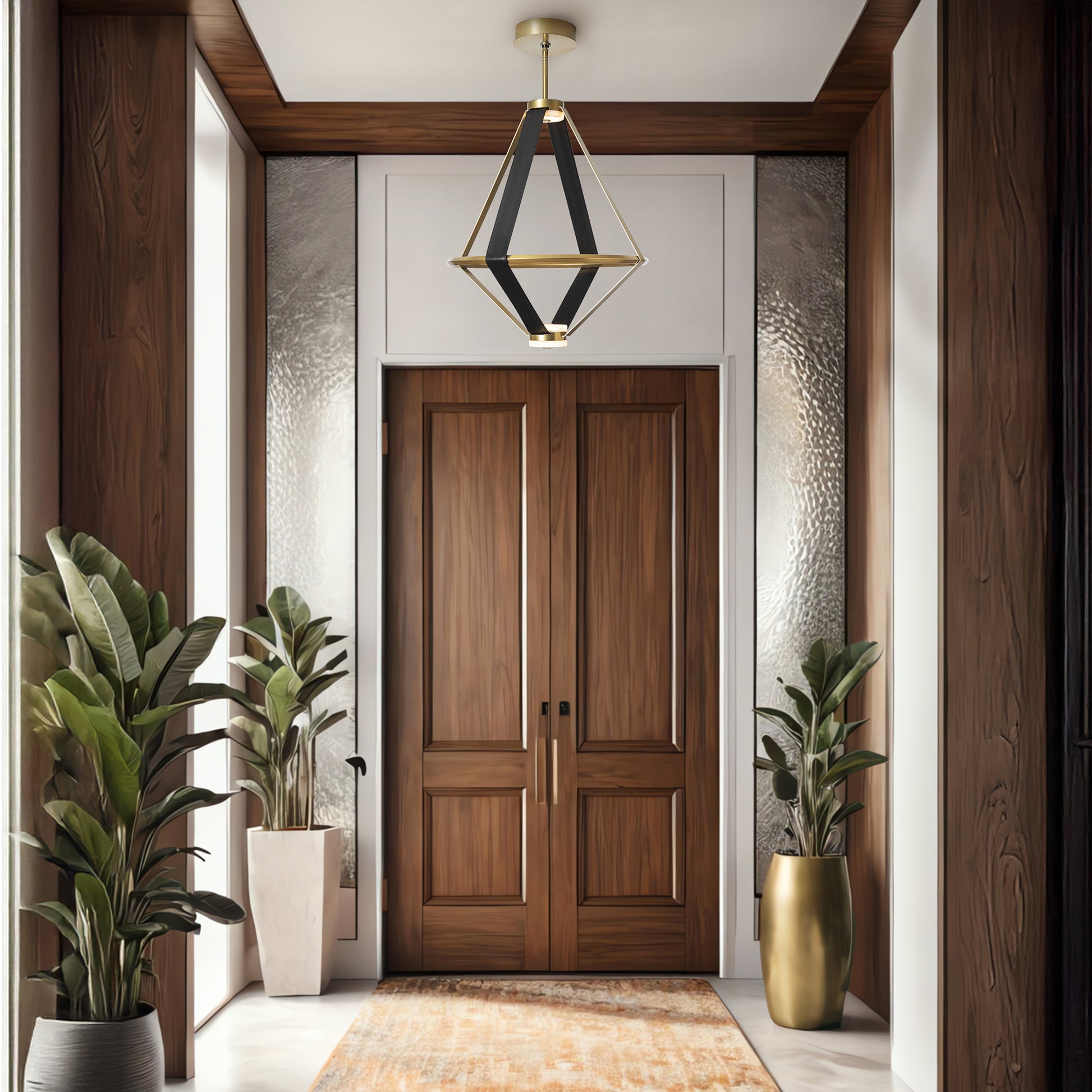Double wooden entryway doors crafted from solid wood, showcasing expert American craftsmanship and elegant design by Vermont Woods Studios.