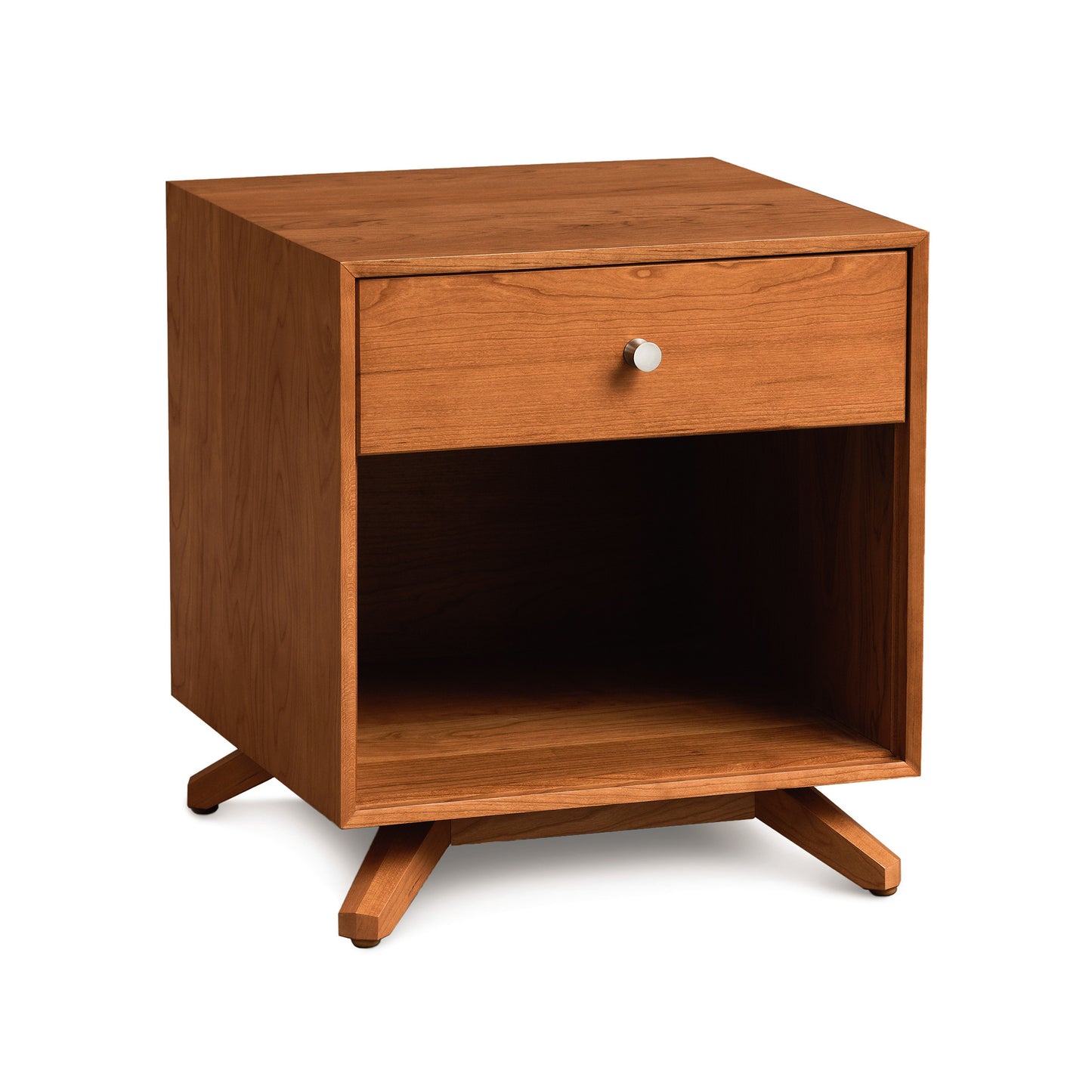 A modern American design nightstand, crafted from sustainable hardwood, with a single drawer and an open shelf, isolated on a white background. Introducing the Astrid 1-Drawer Enclosed Shelf Nightstand by Copeland Furniture.
