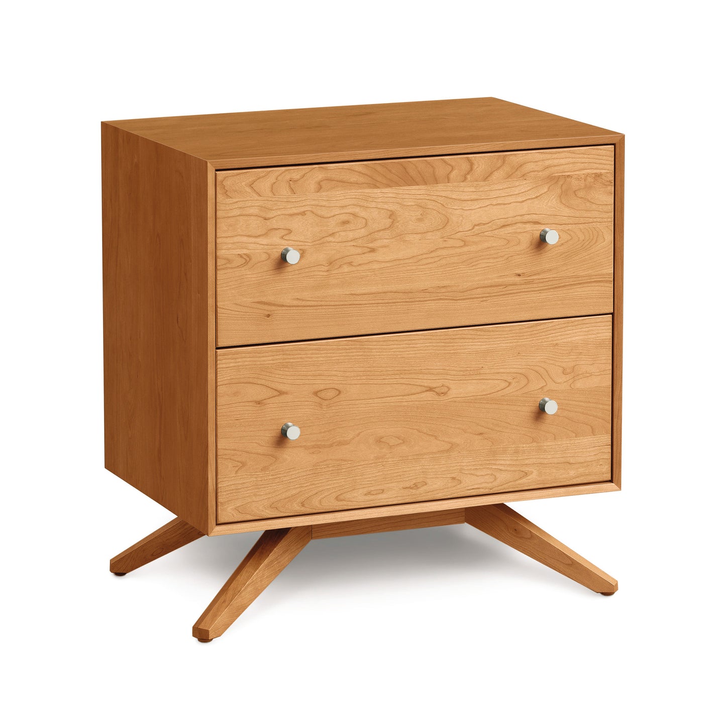 A contemporary Astrid 2-Drawer Nightstand with two drawers and splayed legs, featuring a modern design by Copeland Furniture.