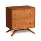 A Copeland Furniture Astrid 2-Drawer Nightstand with two drawers and splayed legs, featuring a modern design perfect for a contemporary bedroom.