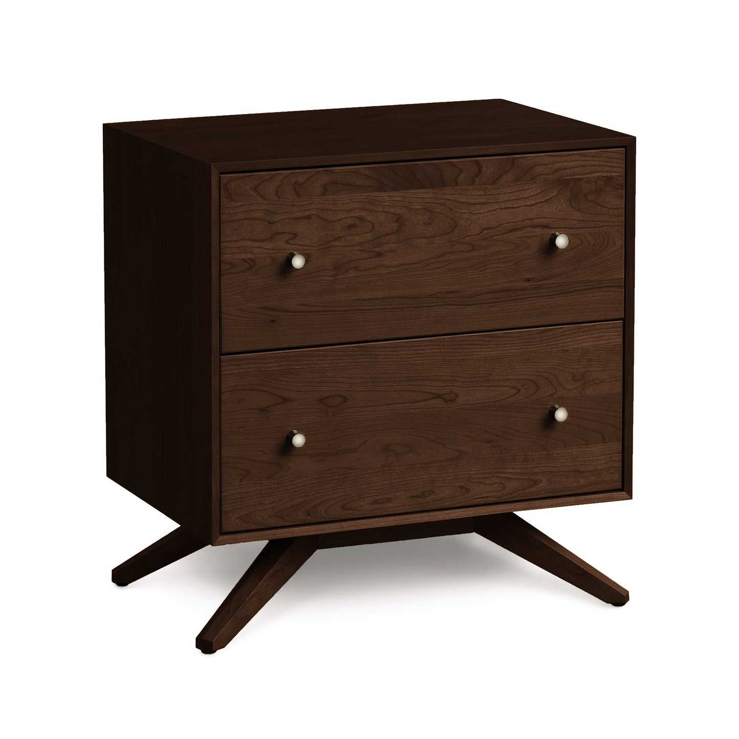 An Astrid 2-Drawer Nightstand by Copeland Furniture, sporting a modern design, standing on splayed legs against a white background.