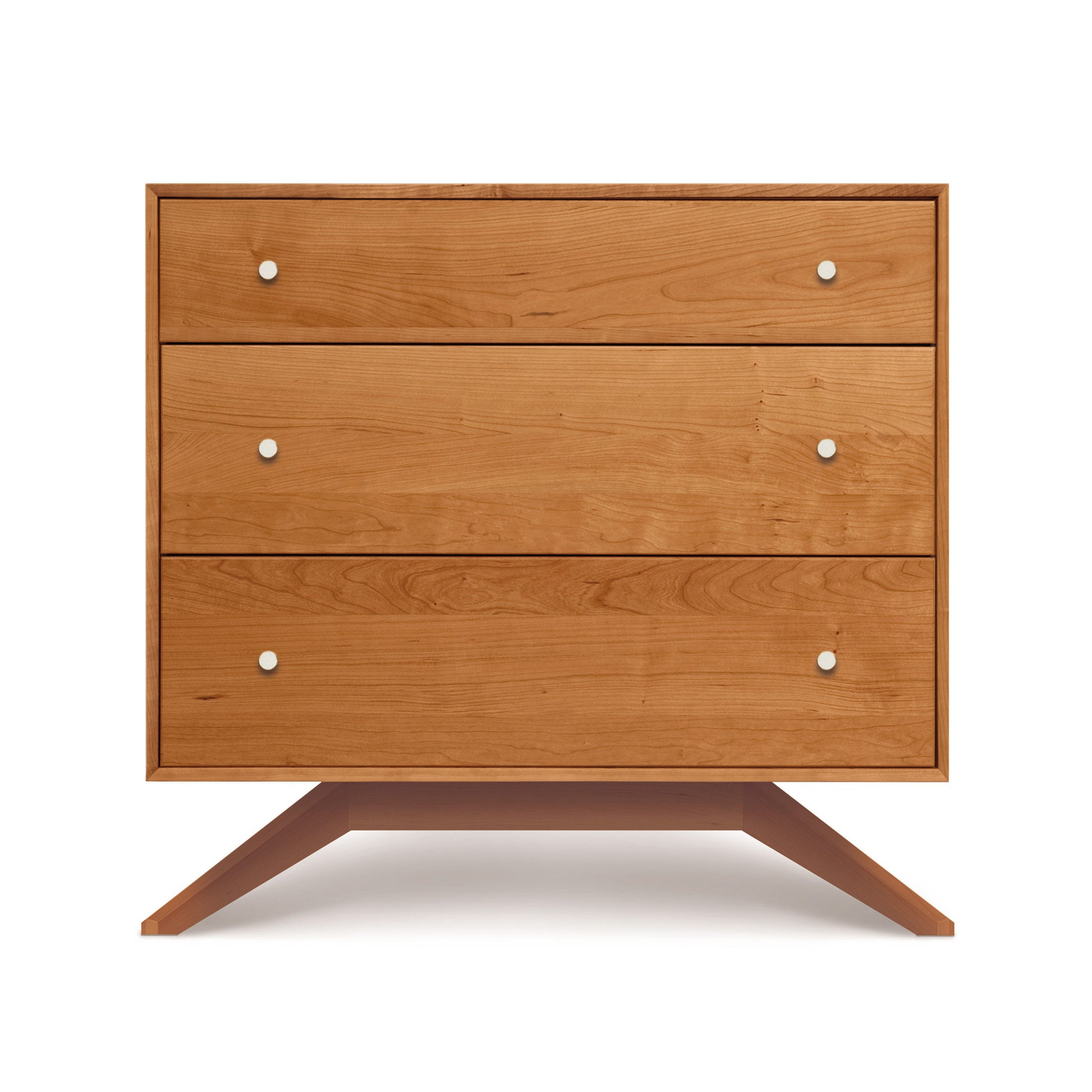 A Copeland Furniture Astrid 3-Drawer Chest with round, white knobs, standing against a white background.