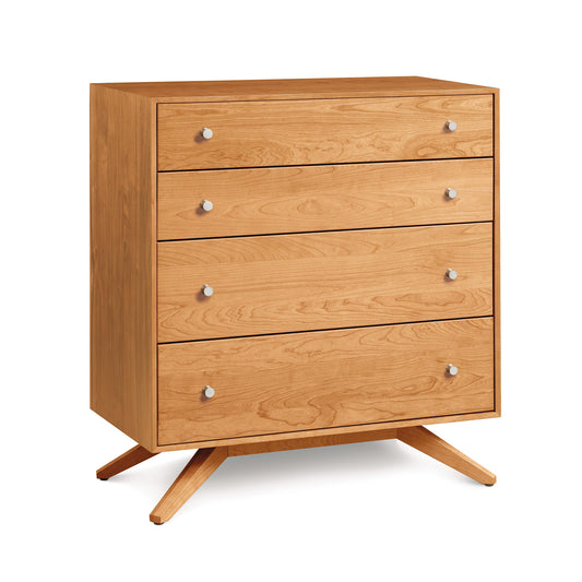 An Copeland Furniture Astrid hardwood five-drawer chest with splayed legs and round knobs, isolated on a white background.