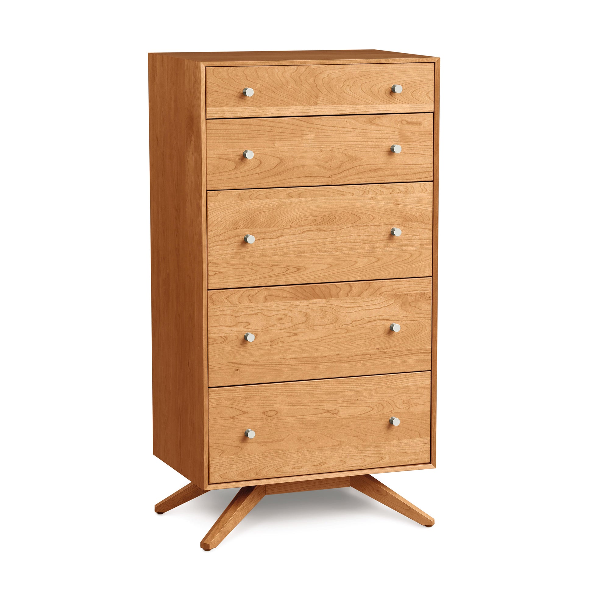 A contemporary design Copeland Furniture Astrid Cherry 5 Drawer Chest crafted from solid cherry hardwood, featuring round knobs and angled legs, isolated on a white background.