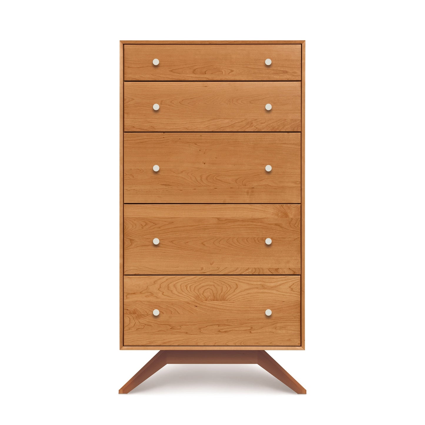 A wooden chest of drawers on a white background.