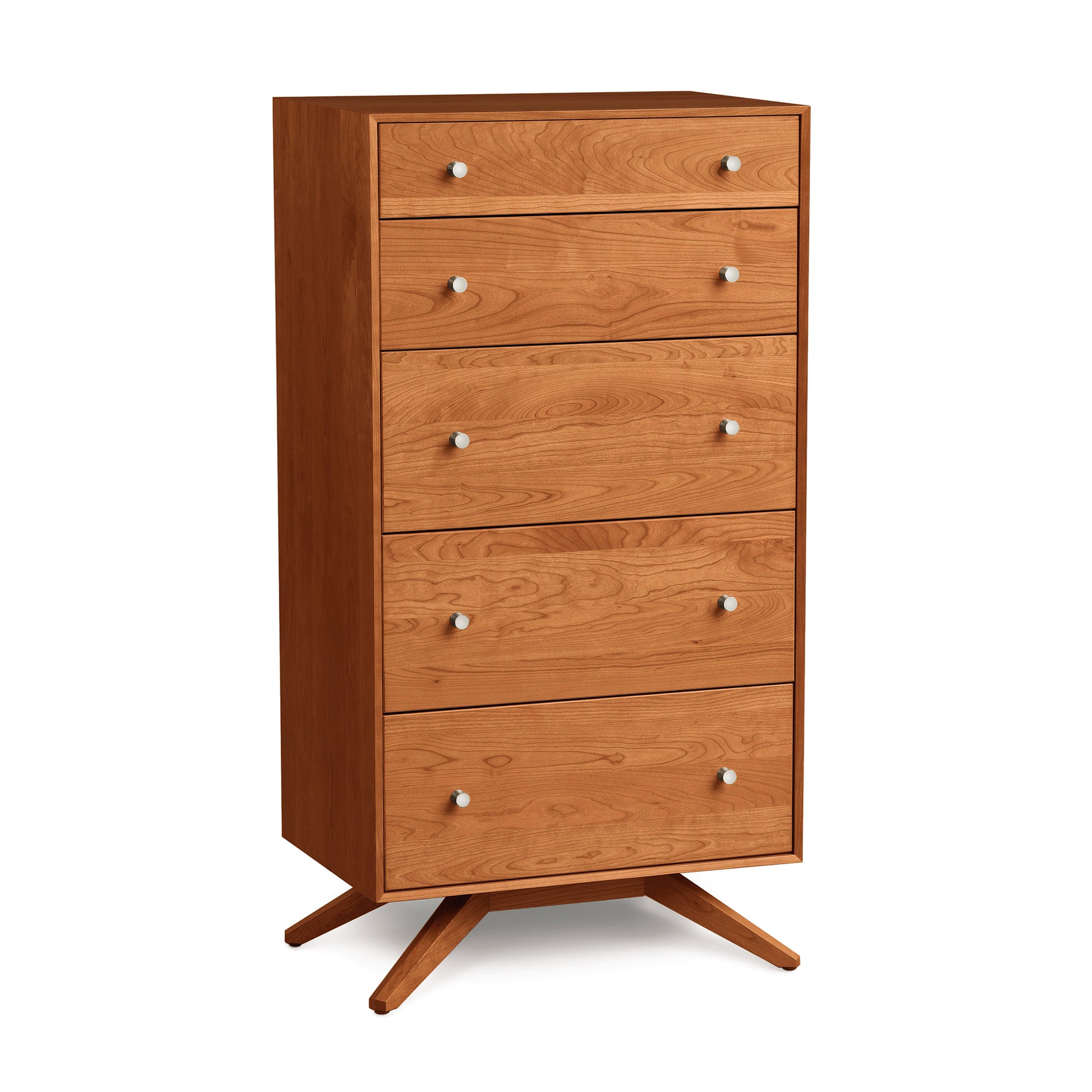 A solid cherry hardwood mid-century modern style tall dresser with five drawers and splayed legs, known as the Copeland Furniture Astrid 5-Drawer Chest, features a contemporary design.