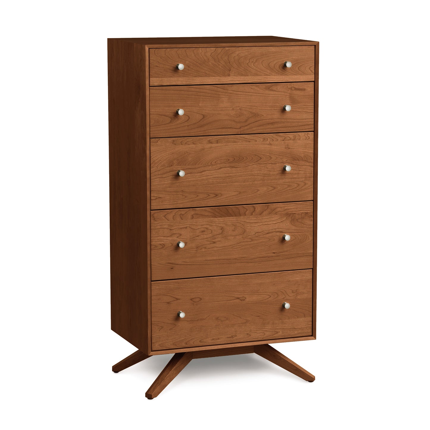 A wooden mid-century modern style Copeland Furniture Astrid Cherry 5 Drawer Chest with tapered legs, crafted from solid cherry hardwood.