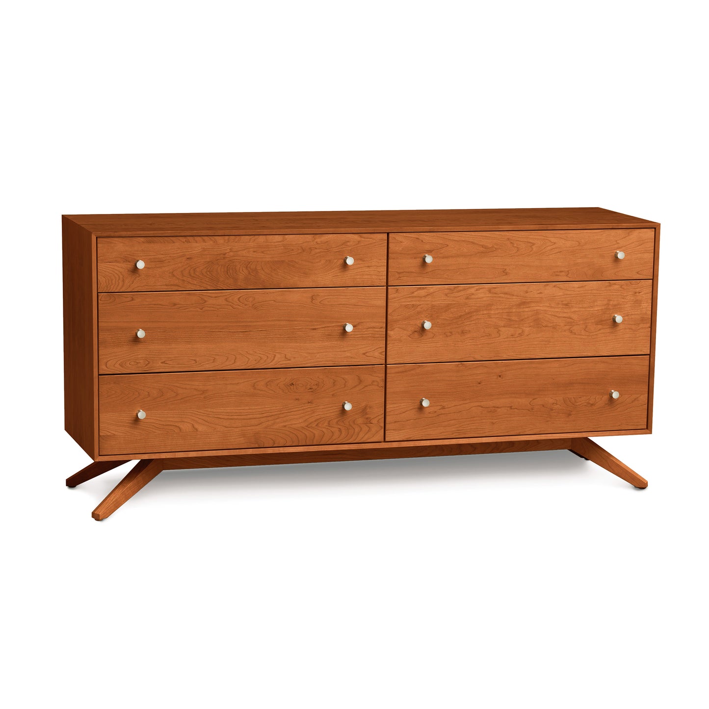 A Copeland Furniture Astrid 6-Drawer Dresser with six drawers, angled legs, and round knobs on a white background.