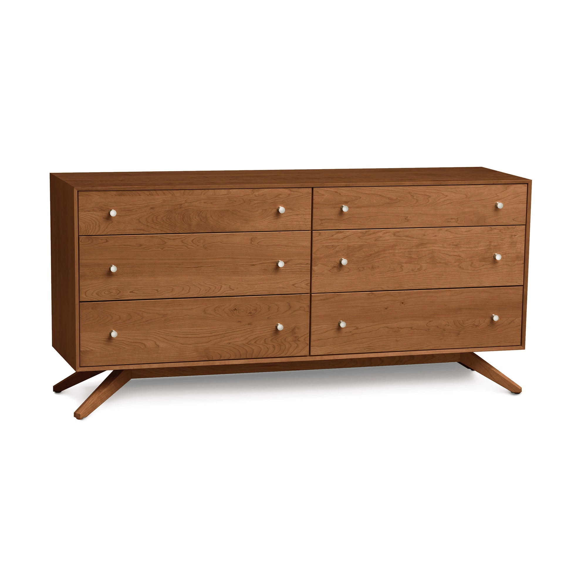 A Copeland Furniture Astrid 6-Drawer Dresser with angled legs and round knobs on a white background.