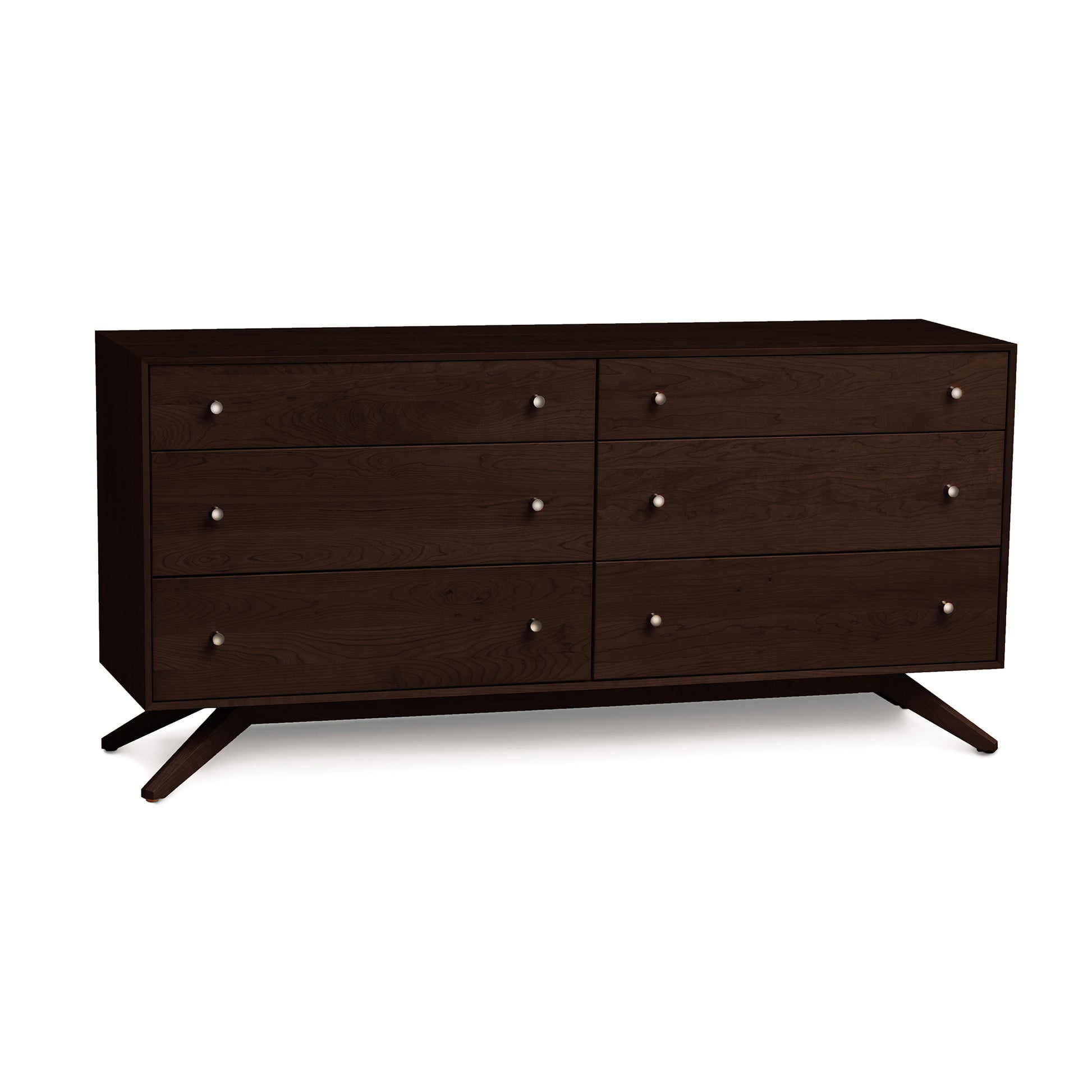 A modern Astrid six-drawer dresser with angled legs by Copeland Furniture on a white background.