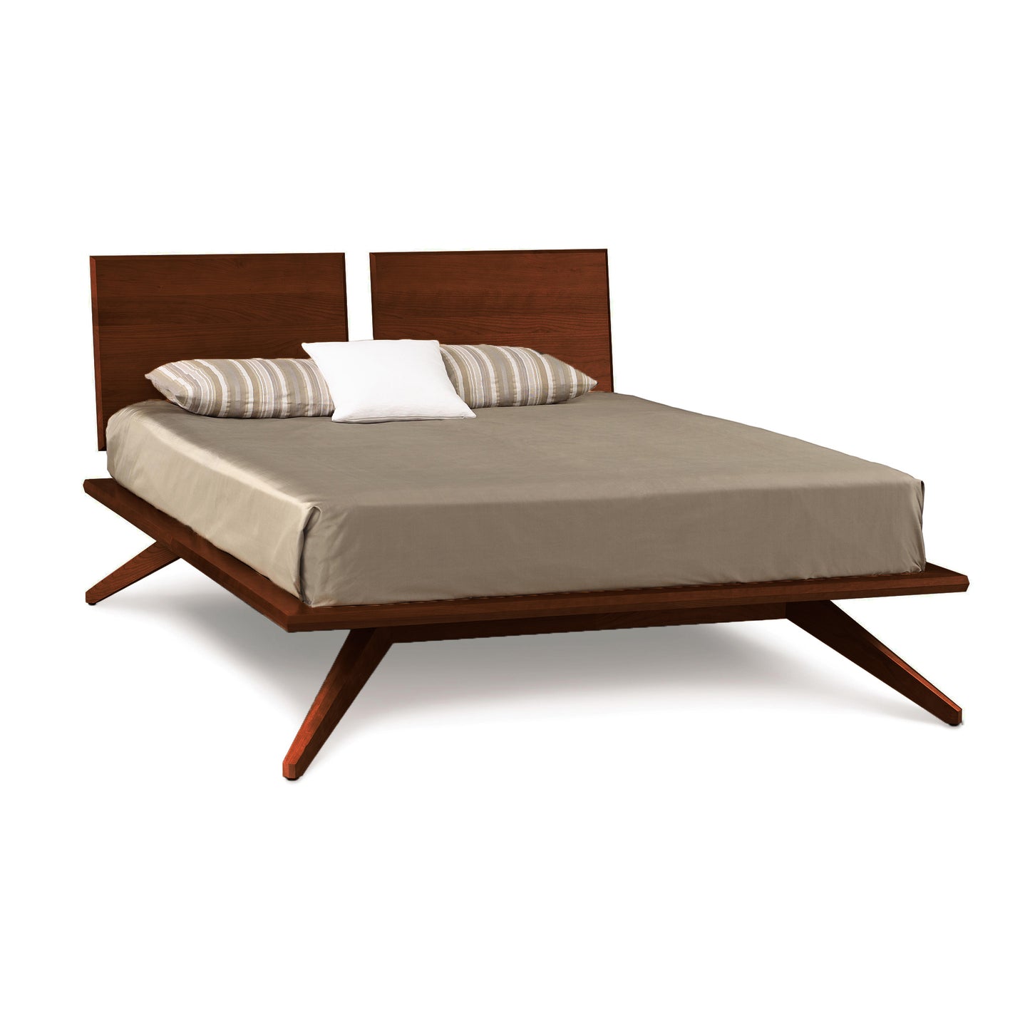 Astrid Platform Bed by Copeland Furniture, showcasing a mid-century modern style with distinctive angled legs, an eco-friendly hardwood frame, and a rich brown headboard.