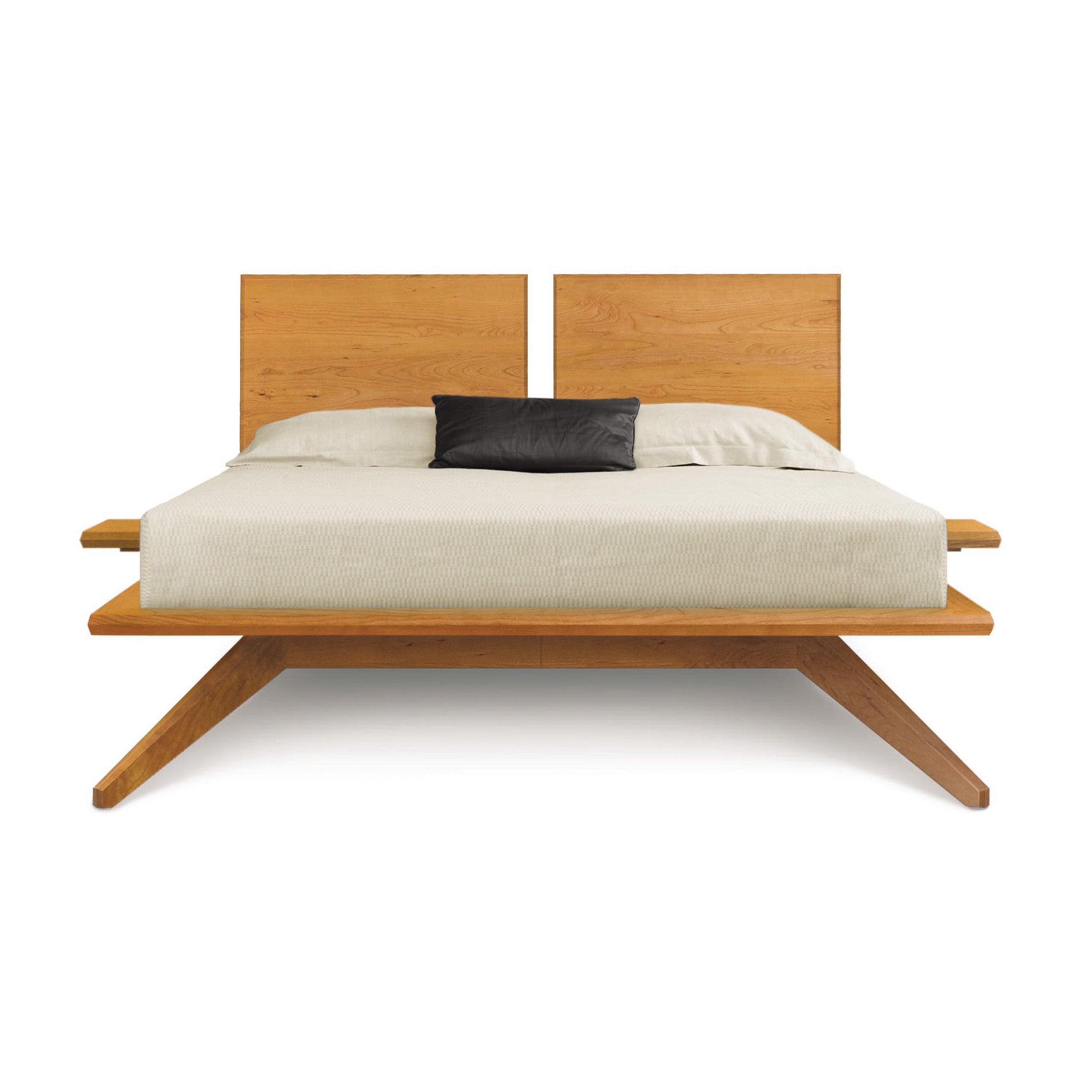 The Astrid Cherry Platform Bed by Copeland Furniture boasts a mid-century modern American design, featuring a wooden headboard and footboard. Crafted from eco-friendly, sustainably harvested solid cherry wood.