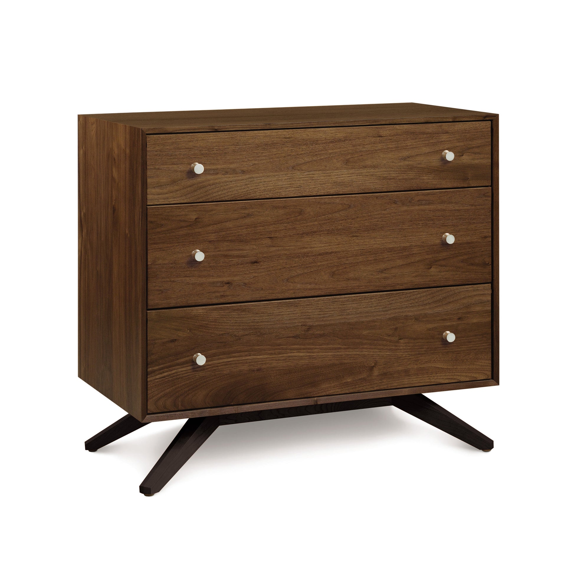 Copeland Furniture's Astrid 3-Drawer Chest with silver knobs and angled legs, featuring a Mid Century Modern design on a white background.