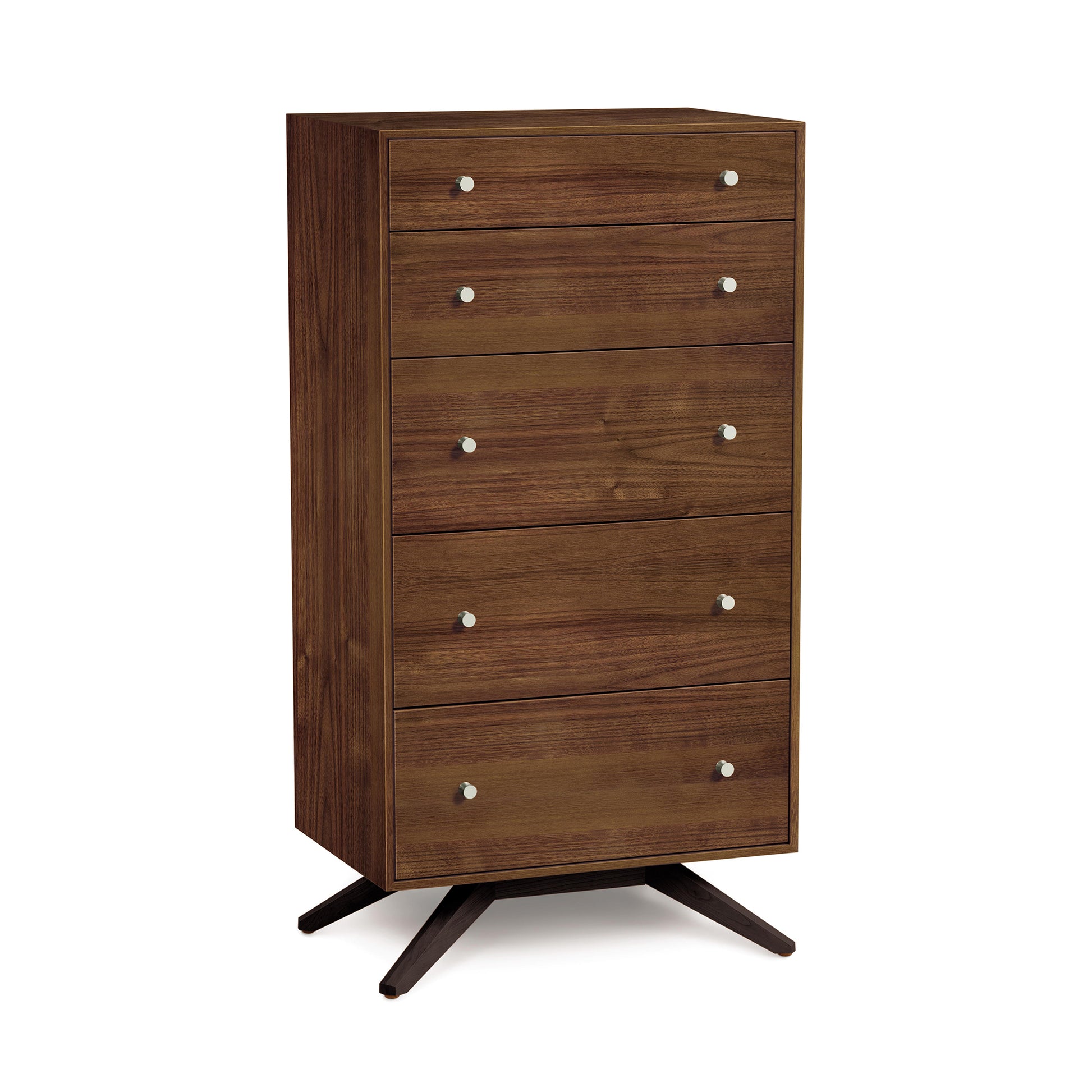 A solid cherry hardwood Copeland Furniture Astrid Cherry 5 Drawer Chest with five pulls against a white background.