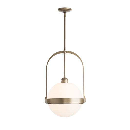 The Hubbardton Forge Atlas Mini Pendant combines the elegance of Hubbardton Forge lighting with handcrafted perfection in Vermont, featuring a brass pendant light with a white glass globe.