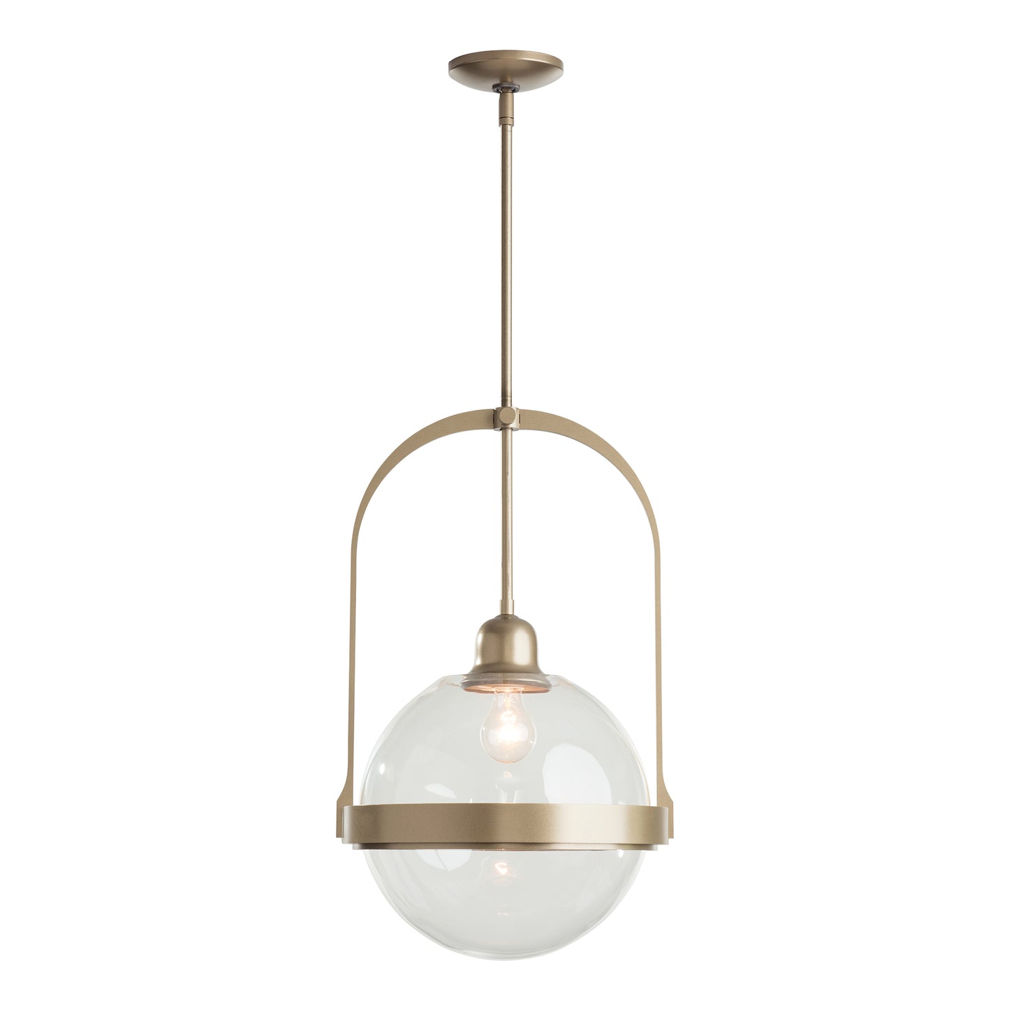 The Hubbardton Forge Atlas Mini Pendant is a handcrafted in Vermont brass pendant light featuring a clear glass globe.