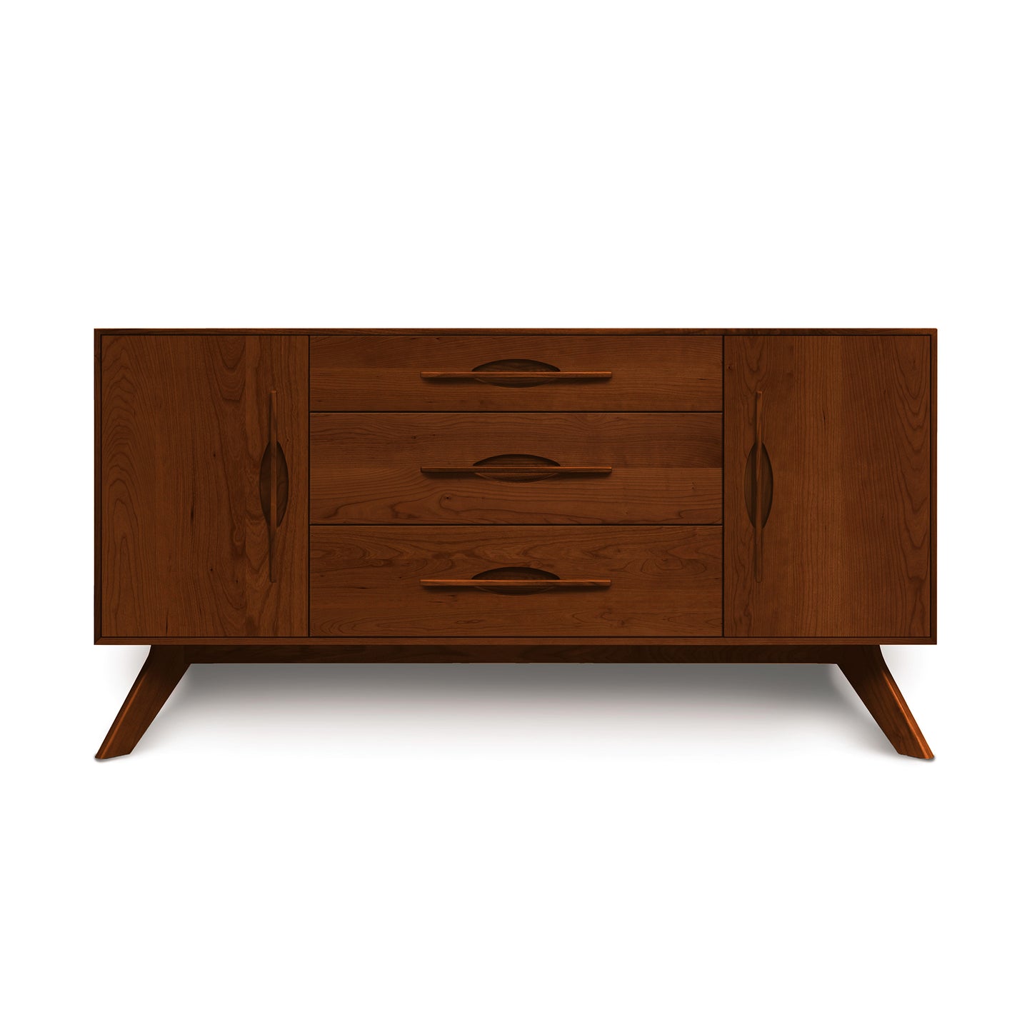 A Copeland Furniture Audrey 2-Door 3-Drawer Buffet with angled legs and three drawers on a white background.