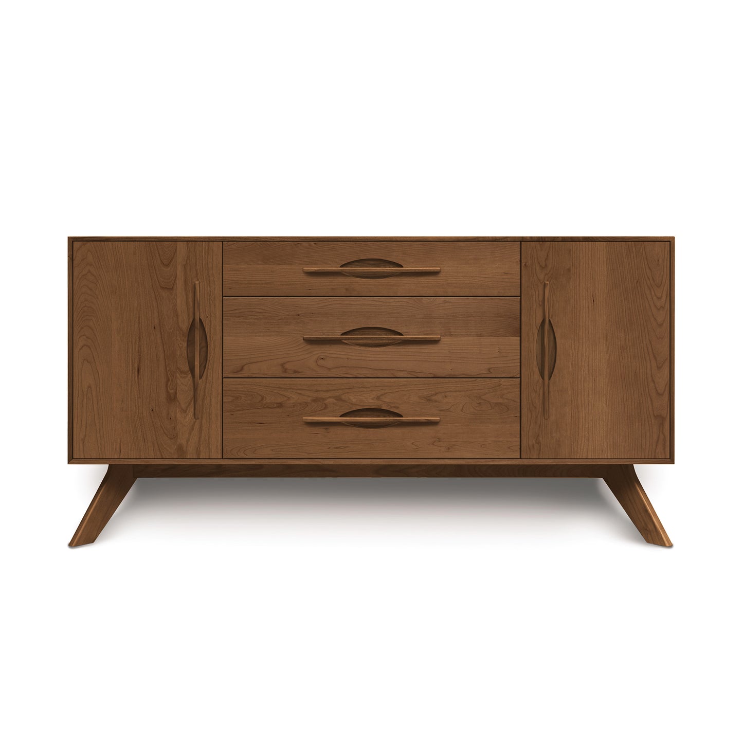 A modern, handmade Audrey 2-Door 3-Drawer Buffet with angled legs and recessed handles on the drawers and doors by Copeland Furniture.