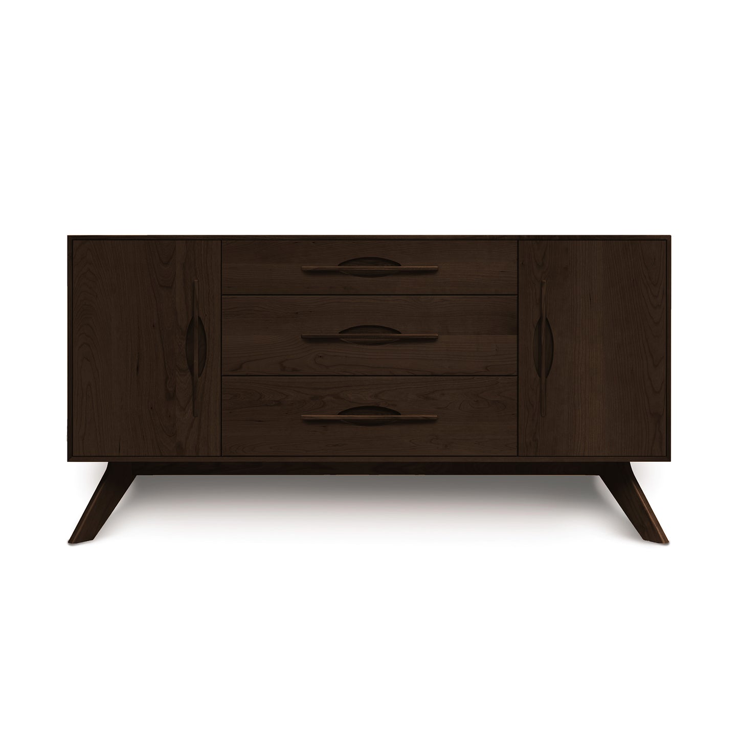 A handmade dark wooden Audrey 2-Door 3-Drawer Buffet by Copeland Furniture, set on angled legs, against a white background.