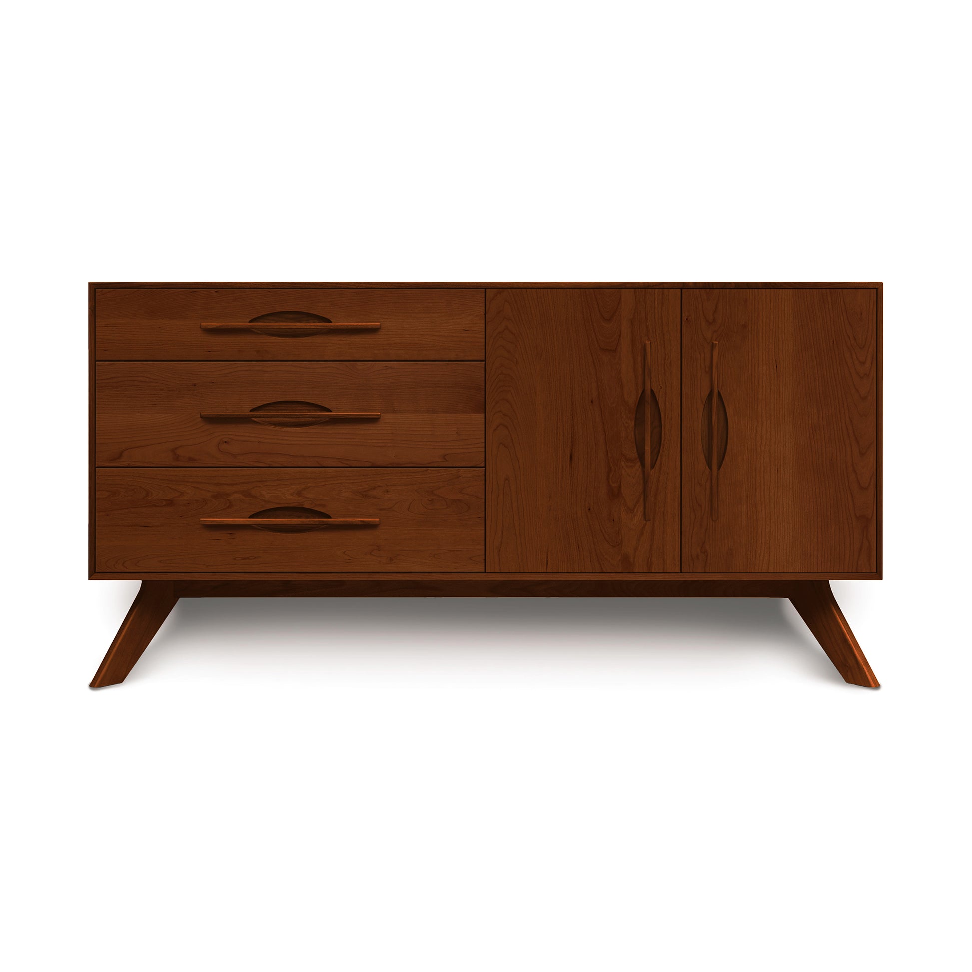 A mid-century modern style Copeland Furniture Audrey 2-Door 3-Drawer Buffet standing on angled legs.