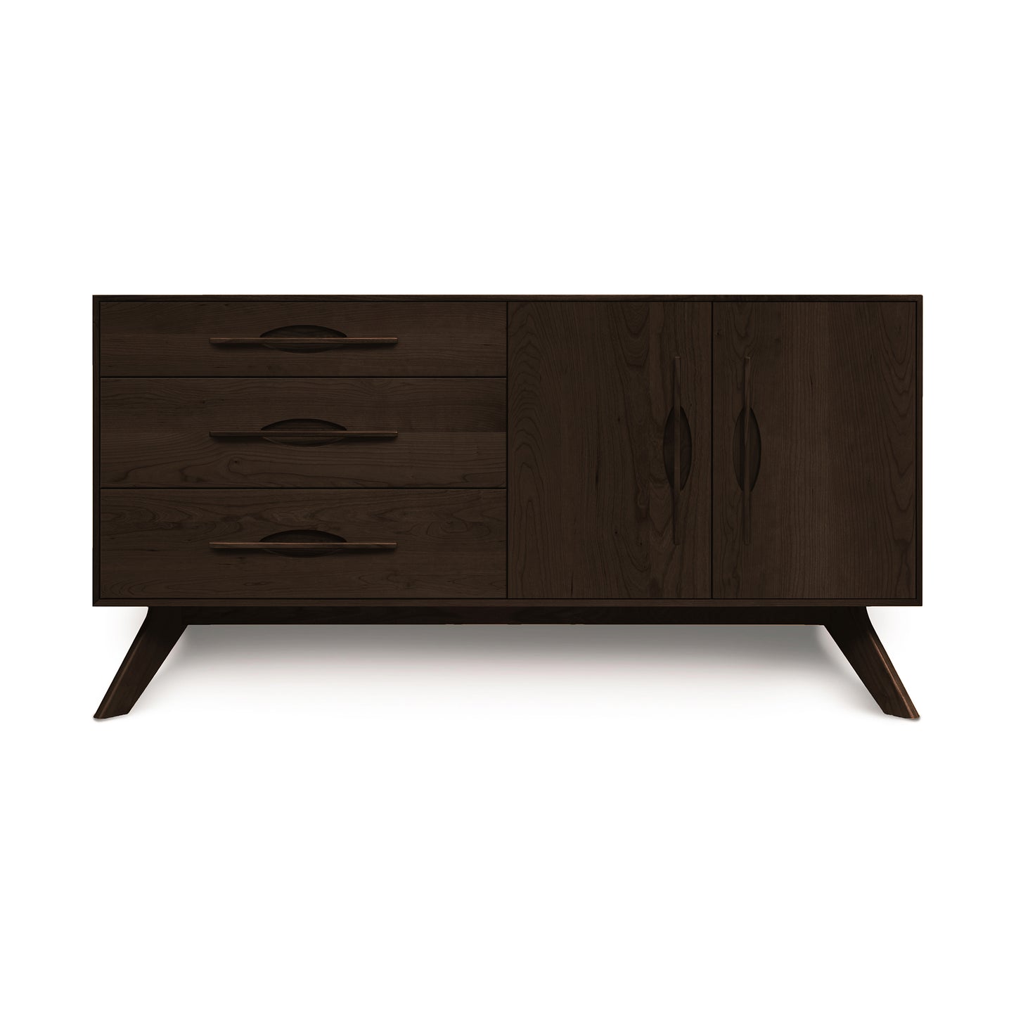 A modern Copeland Furniture Audrey 2-Door 3-Drawer Buffet with three drawers on the left and two cabinet doors on the right, set on angled legs.
