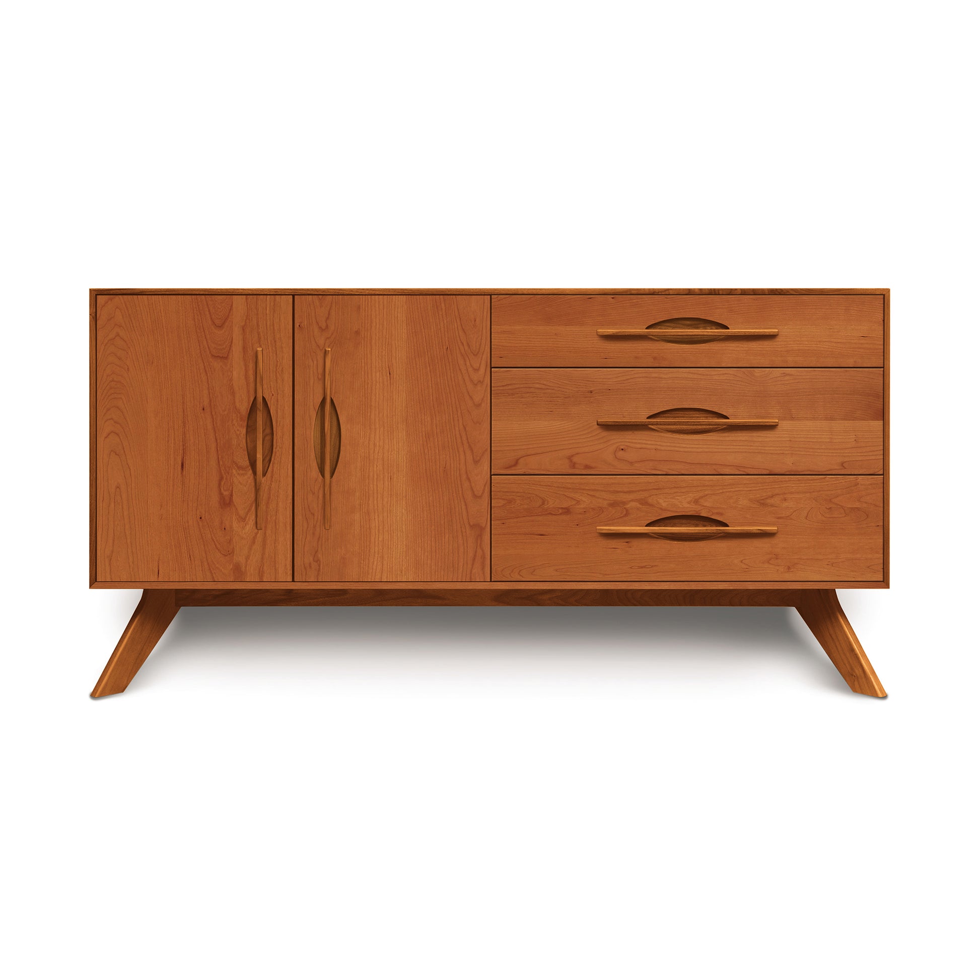A Copeland Furniture handmade mid-century modern style Audrey 2-Door 3-Drawer Buffet with sliding doors and tapered legs.