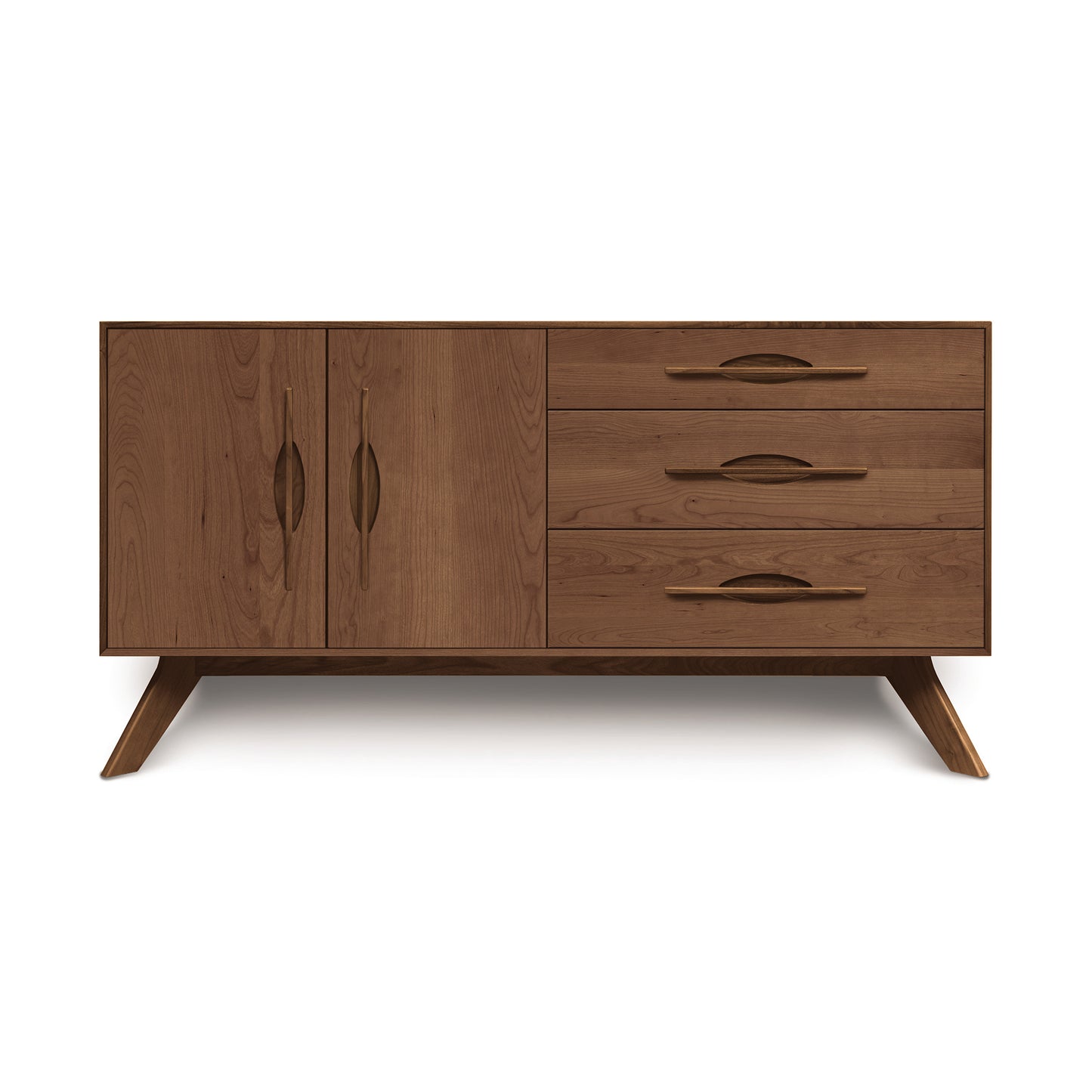 A mid-century modern style Audrey 2-Door 3-Drawer Buffet by Copeland Furniture, featuring two cabinet doors and three drawers with tapered legs.