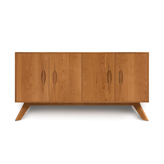 A modern, handcrafted Copeland Furniture Audrey 4-Door Buffet on angled legs, isolated on a white background.
