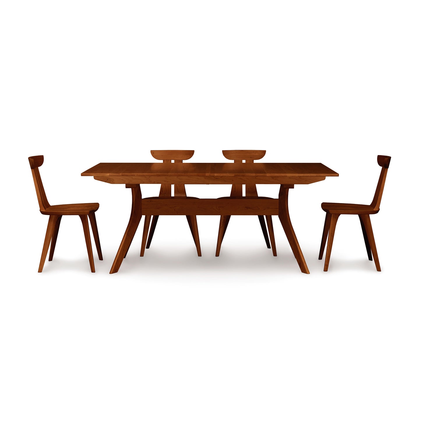 Solid American Cherry wood dining set featuring a rectangular Audrey Extension Dining Table from Copeland Furniture, accompanied by four Mid-Century style chairs with sleek, curved legs. This high-quality, American-made furniture is perfect for modern dining rooms, showcasing timeless design and superior craftsmanship."

