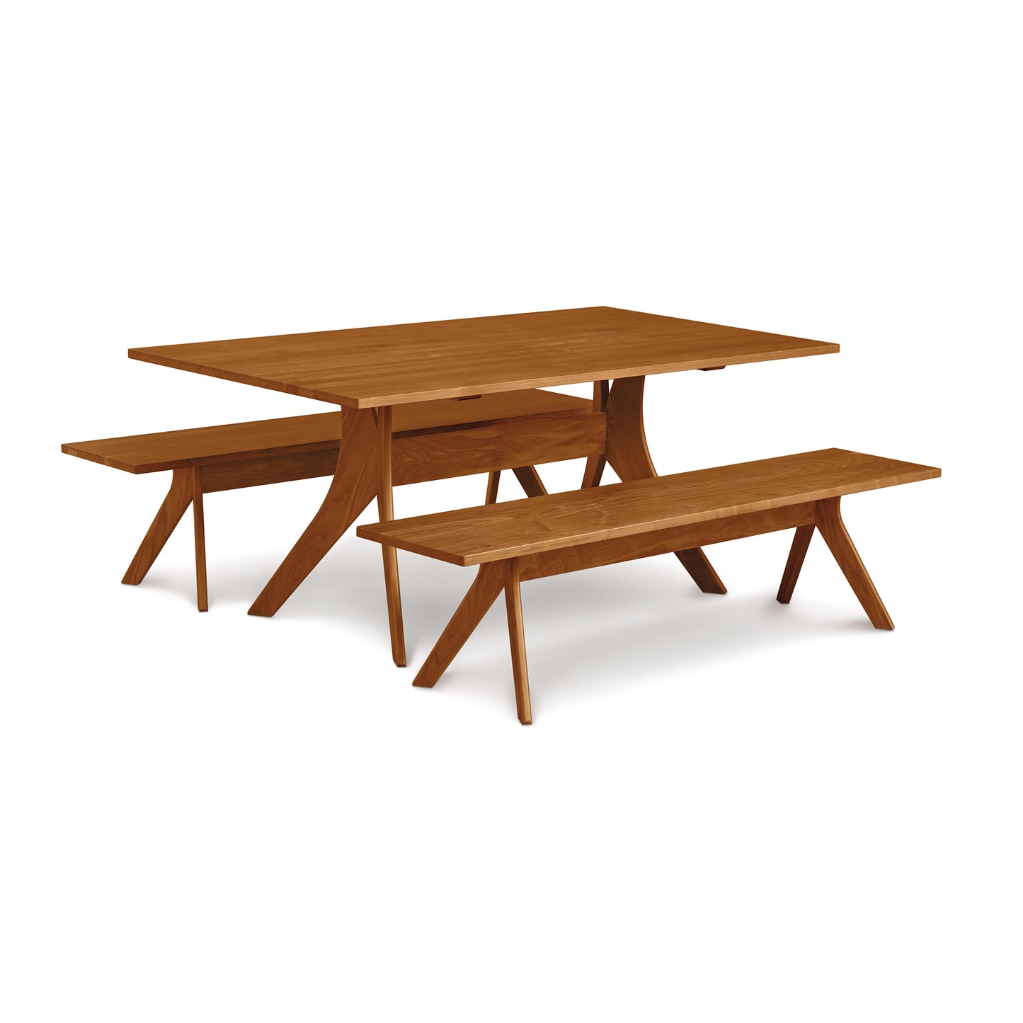 An Audrey Solid Top Dining Table crafted from solid hardwood, complete with two matching benches, created by Copeland Furniture.